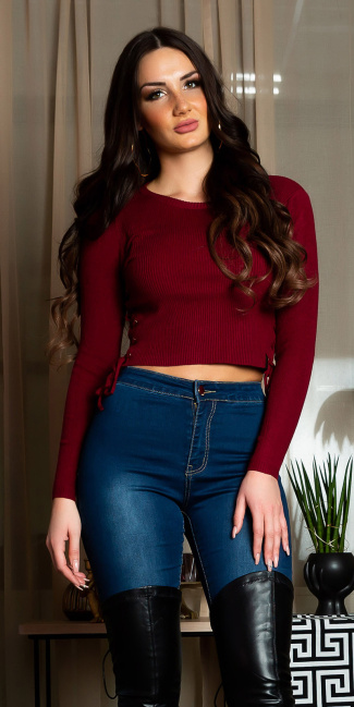 Crop Ripp sweater with lacing Bordeaux